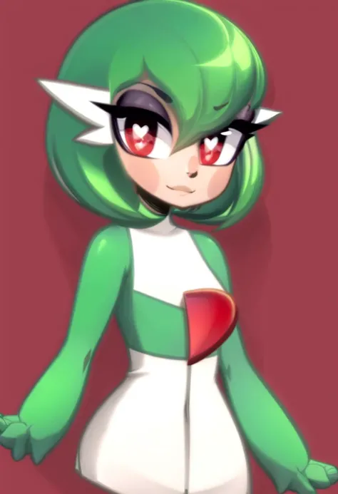 <lora:gardevoir_v2:0.8>, masterpiece, best_quality, 1girl, solo, (slim:1.6), (cute:1.6), (smile:1), gardevoir, pokemon \(game\), bangs, colored skin, female focus, green hair, green skin, hair over one eye, multicolored skin, pokemon \(creature\), red eyes, short hair, two-tone skin, white skin, <lora:hp-style:1>, heart, heart-shaped pupils, symbol-shaped pupils, (simple red background:1.6), cowboy shot