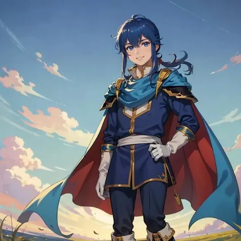 masterpiece, best quality, 1boy, solo,  smile, looking at viewer, <lora:Seliph:1>, seliphfe, armor, gloves, ponytail, pants, boots, cape, field, extending hand