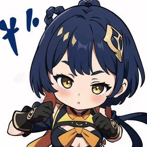 Highly detailed, High Quality, masterpiece, 1girl, <lora:xiangling1:0.9> xianglingdef, <lora:genshin_chibi_emote:1> genshin chibi emote, chibi, white background