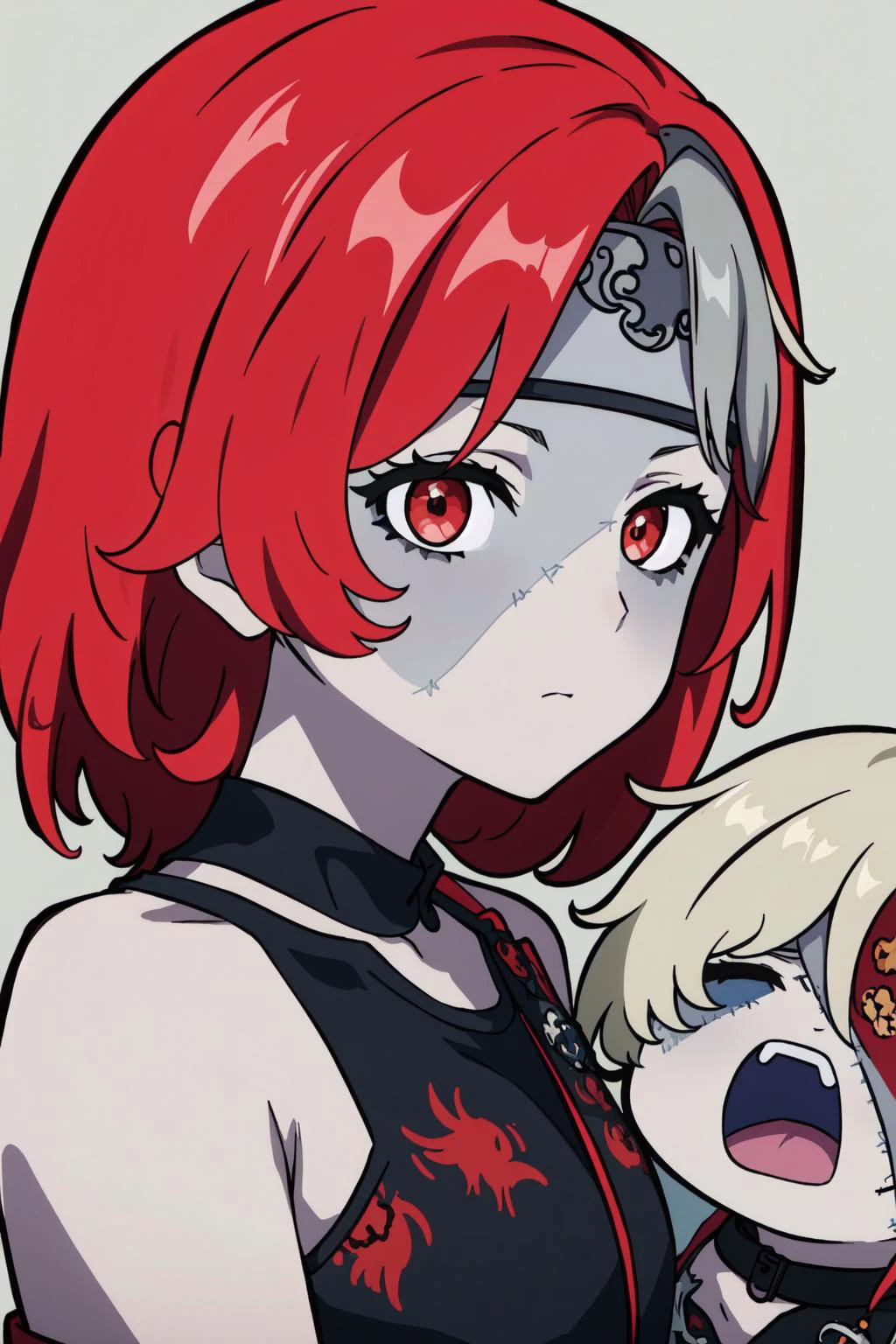(masterpiece, best quality), intricate details, 8k, artstation, wallpaper, official art, splash art, sharp focus,
1girl, <lora:ollie_ninja_v1:0.8> kureiji ollie, (colored skin, grey skin, patchwork skin, zombie:1.2) red hair,
<lora:genshin_chibi_emote:0.8> genshin chibi emote,
