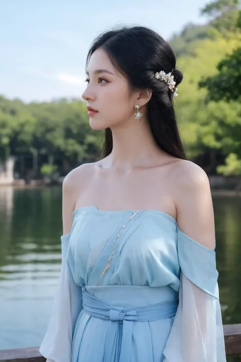 <lora:AgainChineseClothes_v1:1>,AgainChineseClothes_v1, 1girl, bare shoulders, black eyes, black hair, blue sky, closed mouth, collarbone, day, dress, earrings, hair ornament, hanfu, jewelry, looking to the side, outdoors, photorealistic, realistic, sash, sky, solo, upper body, water