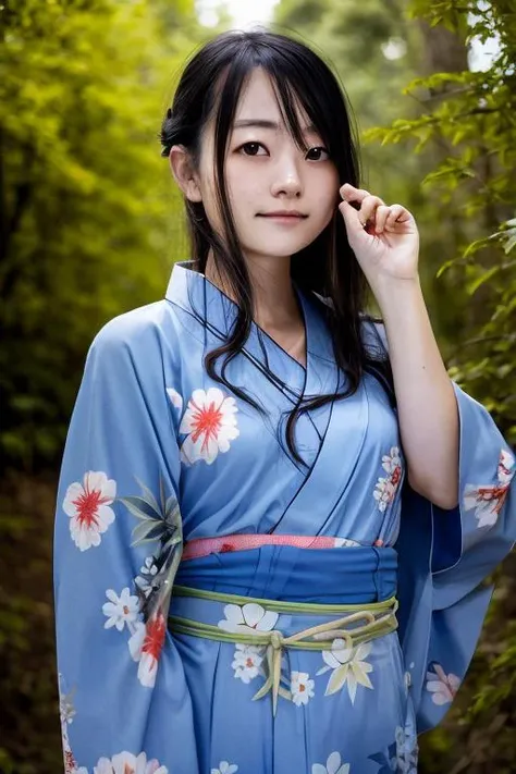 <hypernet:jeannaiPotasticpJeannie_v10:0.8>, 20 yo girl, upper_body, wearing (yukata:1.3), normal_chest, fighting pose, nature, forest, fog, night, long_hair