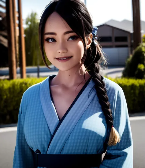 ( photo,8k,cgi, octane render, extreme detail,detailed face and eyes),upper body beautiful young woman standing outside wearing (traditional flower pattern yukata), intricate braids,<hypernet:jeannaiPotasticpJeannie_v10:0.95>, long black hair, portrait, full frontal, Hair highlighting,  gauntlets,dark fantasy, (mediveal streets), cosplay, <lora:dungeon_v2.0:0.75>, traditional japanese architecture, smiling, , medium breasts