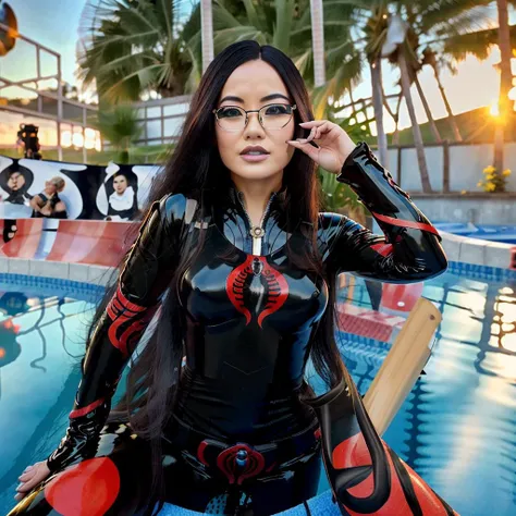 1girl, ((masterpiece)), realistic, ((highly detailed:1.3)), baroness, full body,,black hair, highlights, asian, long hair blonde streaks, art by jlee ,thin lips <hypernet:jeannaiPotasticpJeannie_v10:0.8>,black latex, beautiful eyes, perfect hands, ((pool background)), outdoors , full body pose, dynamic angle, <lora:Baroness_MK1:1>,thin glasses,
