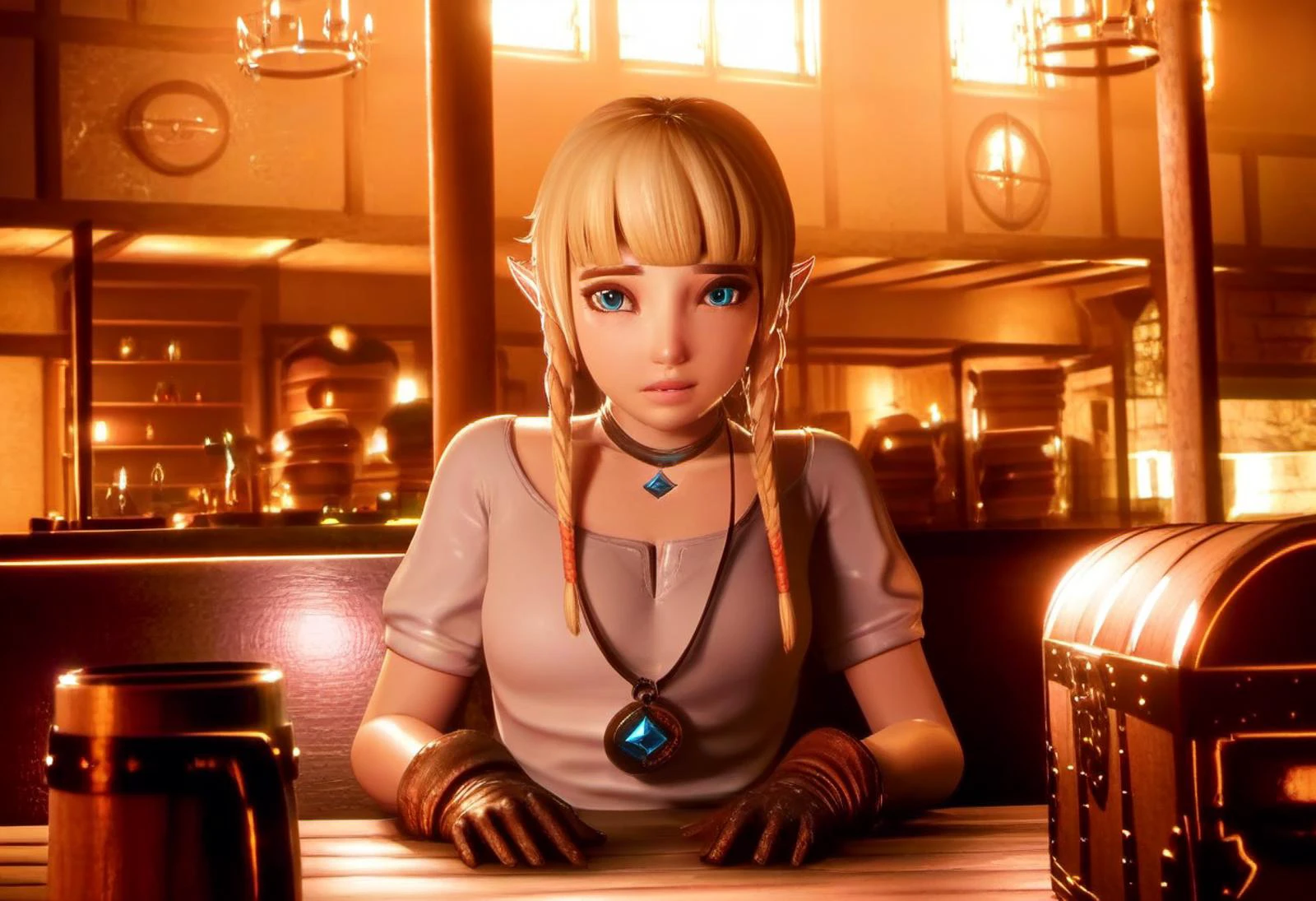 zPDXL, zPDXLxxx, score_9, score_8_up, score_7_up, score_6_up, score_5_up, score_4_up, BREAK <lora:Linkle_Hyrule_Warriors_for_PonyXL:1>, linkle, 1girl, braid, gloves, jewelry, solo, looking at viewer, choker, indoors, short sleeves, pendant, barrel, long hair, necklace, solo focus, blunt bangs, window, bar, (place)