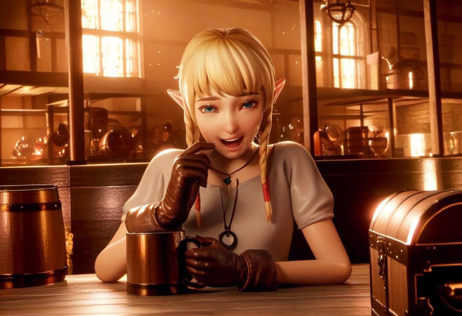 zPDXL, zPDXLxxx, score_9, score_8_up, score_7_up, score_6_up, score_5_up, score_4_up, BREAK  <lora:Linkle_Hyrule_Warriors_for_PonyXL:0.8>,  linkle, braid, 1girl, gloves, indoors, solo, brown gloves, short sleeves, leather gloves, barrel, elf, long hair, window, jewelry, holding mug, laughing, looking at viewer