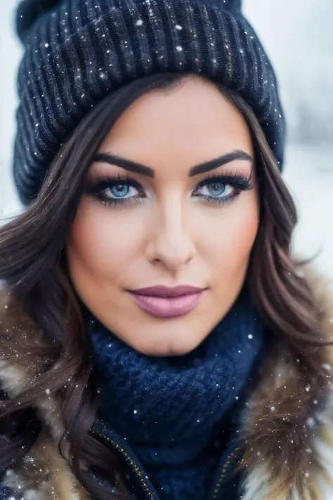 best quality, 4k, 8k, ultra highres, raw photo in hdr, sharp focus, intricate texture, skin imperfections, photograph of mxd with a dark blue wool beanie and winter scarf in the snow wearing a light brown winter jacket, brunette hair, intricate details, snowing, <lyco:MaxxineD-RealVision-V1.0:1.0>