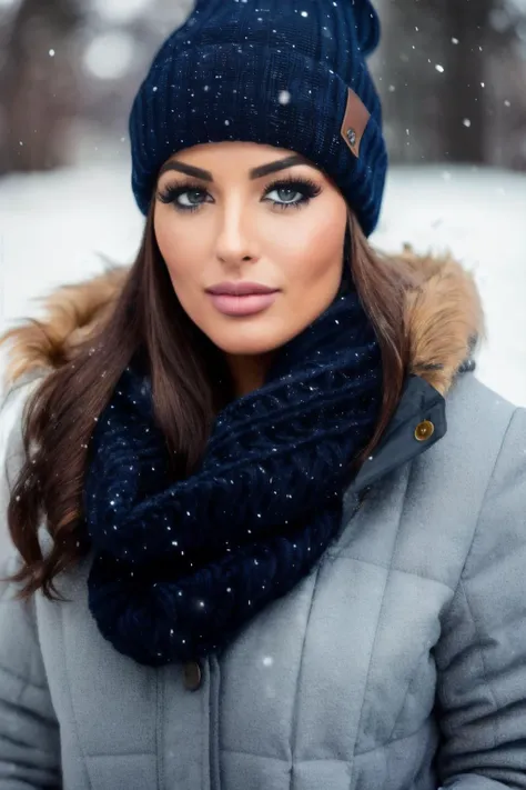 best quality, 4k, 8k, ultra highres, raw photo in hdr, sharp focus, intricate texture, skin imperfections, photograph of mdy with a dark blue wool beanie and winter scarf in the snow wearing a light brown winter jacket, brunette hair, intricate details, snowing,<lyco:MandyR-RealVision-V1.0:1.0>