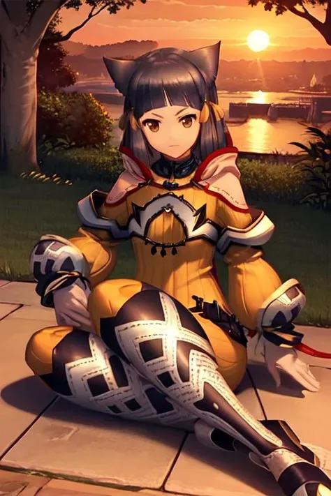 (masterpiece, top quality, best quality, official art, beautiful and aesthetic:1.2), (1girl), 
extreme detailed,colorful,highest detailed,the setting sun,grove,
cat ears,yellow bodysuit,ribbon, (sitting0.5), (smile:0.5)
zheshiniyatest, <lora:niya:0.8>