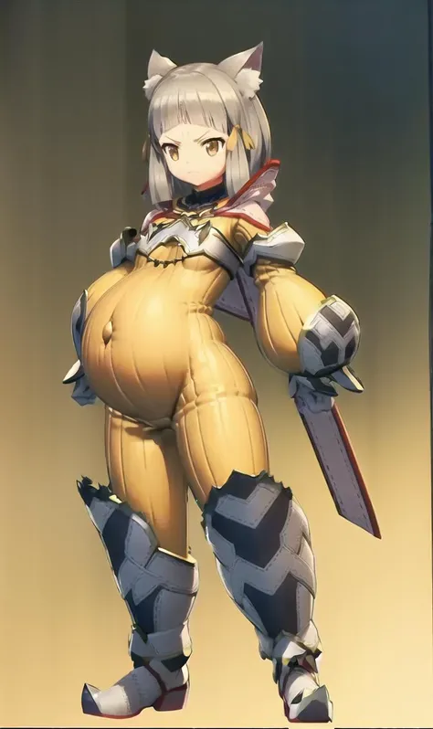 (masterpiece, top quality, best quality, official art, beautiful and aesthetic:1.2), (1girl), extreme detailed,colorful,highest detailed,evening, cat ears,((yellow bodysuit:1.3)),ribbon, standing, (angry:0.2), <lora:niya:0.8> <lora:pregnant1:1> pregnant,