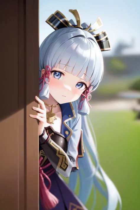 masterpiece, best quality, highres, 1girl kamisato ayaka, peeking out upper body <lora:peeking_out_upper_body_pruned:1.2> opening door <lora:kamisato_ayaka:1>