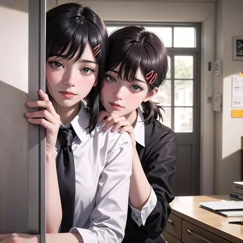 masterpiece, best quality, ultra-detailed, illustration, epic lighting, cinematic composition, isometric, <lora:kobeni_v10:1> 1girl, solo, cute, brown eyes, black hair, swept bangs, single sidelock, red hairclip, white collared shirt, black necktie, black pants, formal, enchanting gaze, captivating pose, indoors, office, door, opening door, looking at viewer, peeking out upper body, blush, seductive smile, closed mouth,(8k:1.1), <lora:poseLORAPeekingOut_v10:1.4>
