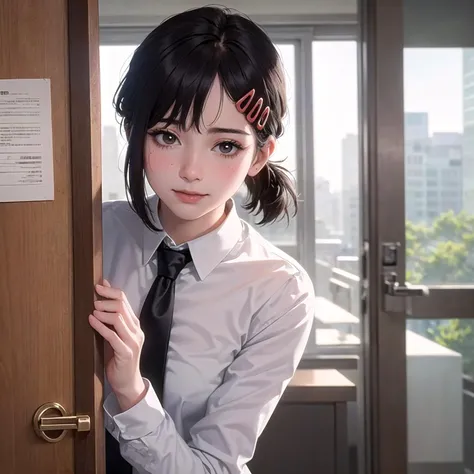 masterpiece, best quality, ultra-detailed, illustration, epic lighting, cinematic composition, isometric, <lora:kobeni_v10:1> 1girl, solo, cute, brown eyes, black hair, swept bangs, single sidelock, red hairclip, white collared shirt, black necktie, black pants, formal, enchanting gaze, captivating pose, indoors, office, door, opening door, looking at viewer, peeking out upper body, blush, seductive smile, closed mouth,(8k:1.1),  <lora:poseLORAPeekingOut_v10:1.4>