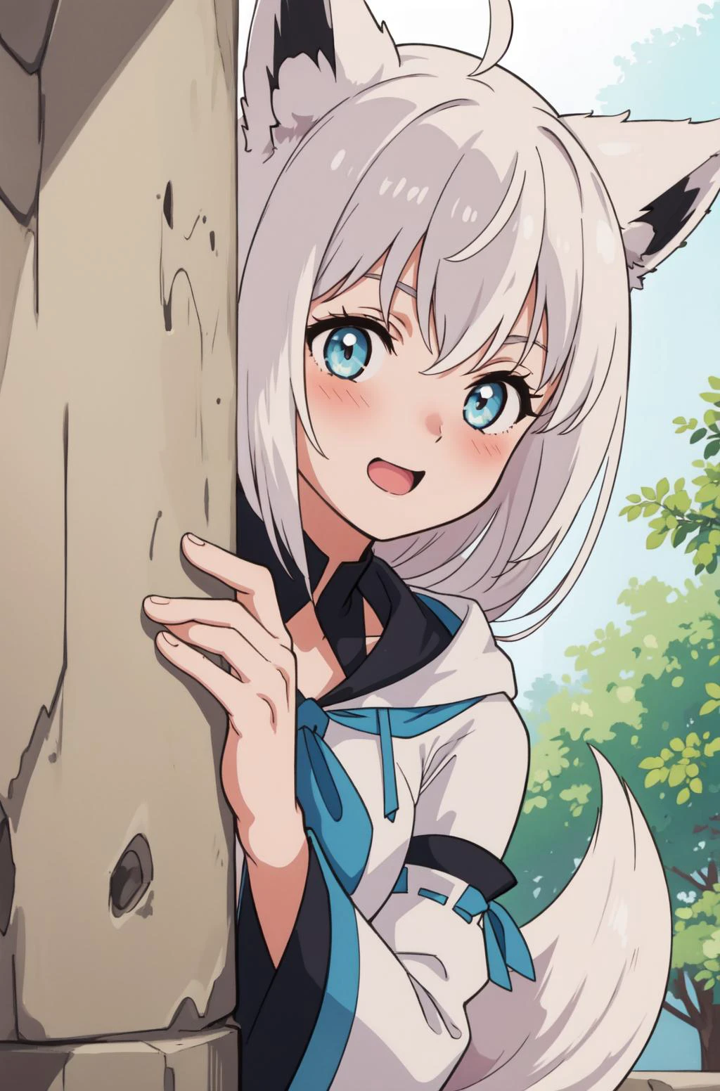 best quality, intricate details,
1girl <lora:shirakamiFubukiHololive8_v10:0.8> fubuki1, blushing, excited, worked up, fox ears, solo,
<lora:poseLORAPeekingOut_v10:1.4> peeking out upper body, peeking around tree,