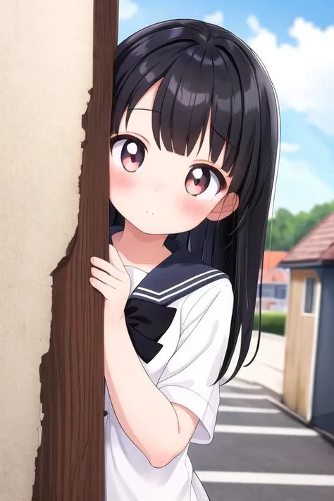 masterpiece, best quality,ultra detail, <lora:anmnr01:0.3> <lora:add_detail:0.4>,<lora:GoodHands-vanilla:0.7>, 1girl,black hair,petite,blush,small breasts,sailor uniform,town,peeking out upper body <lora:peeking_out_upper_body_pruned:0.7>fence,dutch angle