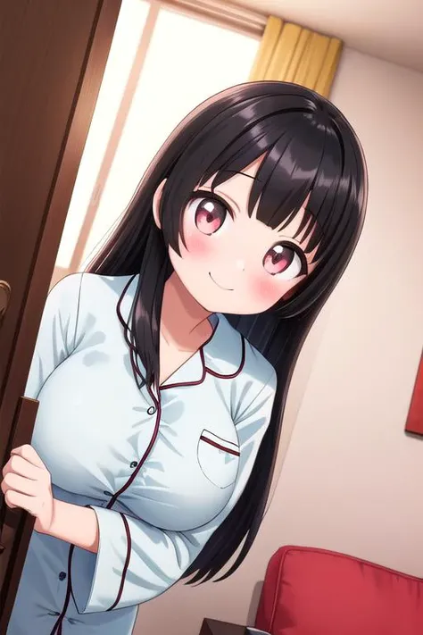 masterpiece, best quality,ultra detail, <lora:anmnr01:0.3> <lora:add_detail:0.4>,<lora:GoodHands-vanilla:0.7>, 1girl,black hair,blush,large breasts,pajamas,nighttime,indoor,peeking out upper body <lora:peeking_out_upper_body_pruned:1>,dutch angle,door,living room,smile.
