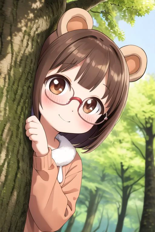 masterpiece, best quality,ultra detail, <lora:anmnr01:0.3> <lora:add_detail:0.4>,<lora:GoodHands-vanilla:0.7>, bearhead,1girl,chibi,petite,glasses,blush,,outdoor,peeking out upper body <lora:peeking_out_upper_body_pruned:1>,dutch angle,tree,forest,smile.pawpose,brown Onesie