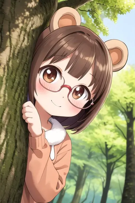 masterpiece, best quality,ultra detail, <lora:anmnr01:0.3> <lora:add_detail:0.4>,<lora:GoodHands-vanilla:0.7>, bearhead,1girl,chibi,petite,glasses,blush,,outdoor,peeking out upper body <lora:peeking_out_upper_body_pruned:1>,dutch angle,tree,forest,smile.pawpose,brown Onesie