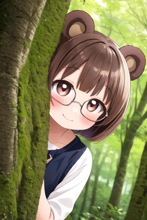 masterpiece, best quality,ultra detail, <lora:anmnr01:0.3> <lora:add_detail:0.4>,<lora:GoodHands-vanilla:0.7>, bearhead,1girl,chibi,petite,glasses,blush,,outdoor,peeking out upper body <lora:peeking_out_upper_body_pruned:1>,dutch angle,tree,forest,smile.