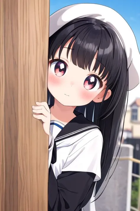 masterpiece, best quality,ultra detail, <lora:anmnr01:0.3> <lora:add_detail:0.4>,<lora:GoodHands-vanilla:0.7>, 1girl,black hair,petite,blush,small breasts,sailor uniform,town,peeking out upper body <lora:peeking_out_upper_body_pruned:0.7>fence,dutch angle