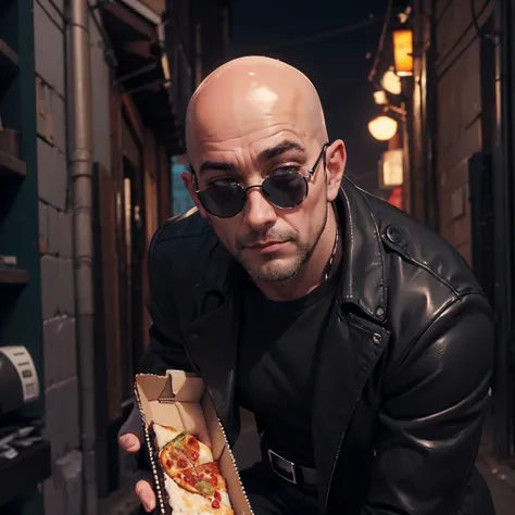 cinematic film still, big depth of field, bald man,
Thermal Shirt,
Black Round Sunglasses,
Black Suspenders,
Black Work Shoes,
Black Pants,
Black Trenchcoat, <lora:peeking_out_upper_body_pruned:0.8>, dark alleyway, artificial light, high quality, best quality, masterpiece,carrying pizza, (close up:1.3)