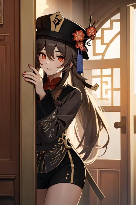 Highly detailed, High Quality, masterpiece, <lora:peeking_out_upper_body_pruned:1.2> room, door, <lora:hutao1:0.9> hutaodef,