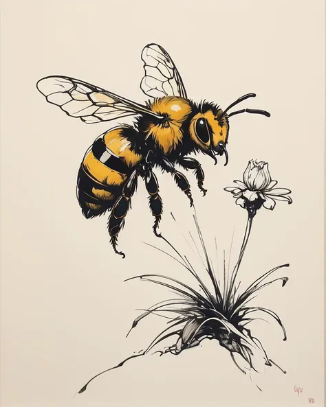 by Android Jones, Ismail Inceoglu,Jean Baptiste mongue,James Jean,Erin Hanson and Dan Mumford, drawing of a gorgeous Bee, wearing a black and white drawing of, Fairy-Tale, surrealism, contrasting colors, flat, <lora:my_sketching_style:1>