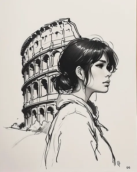 art by ivan talavera, artgerm, loish, rossdraws and Yang J, drawing of a Colosseum, exquisite, wearing a black and white drawing of, Raining, Awe, creative, lovely, flat, <lora:my_sketching_style:1>