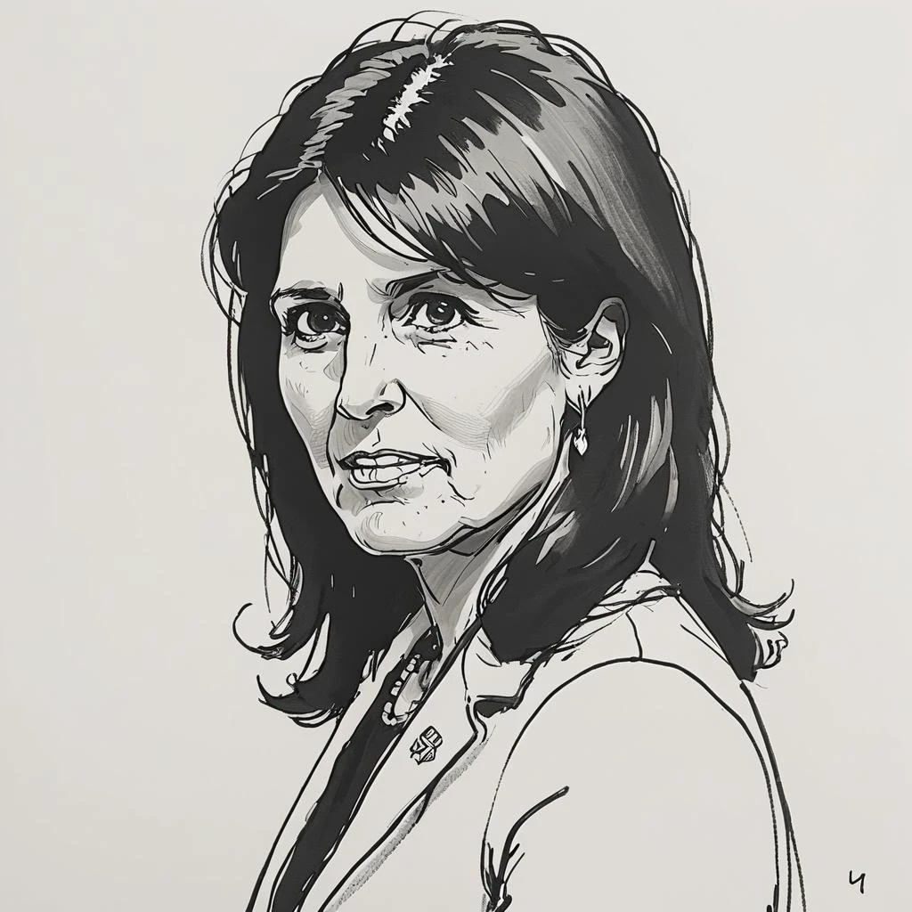 <lora:my_sketching_style:1> a black and white drawing of Nikki Haley