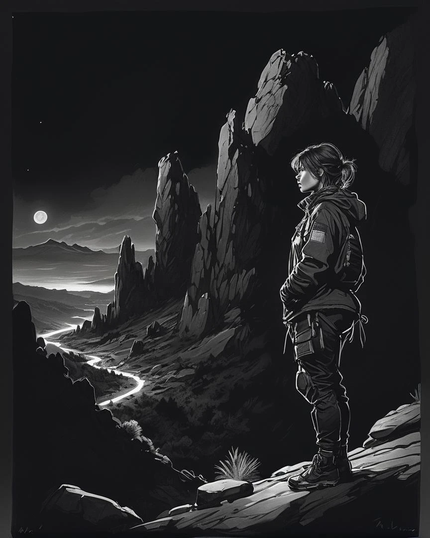 drawing of a landscape of a Rocky, wearing a black and white drawing of, at Nighttime, Techwear, art by Magali Villeneuve, artistic, <lora:my_sketching_style:1>