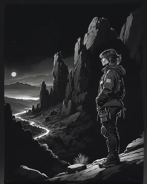 drawing of a landscape of a Rocky, wearing a black and white drawing of, at Nighttime, Techwear, art by Magali Villeneuve, artistic, <lora:my_sketching_style:1>