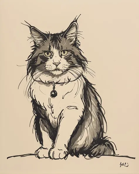 drawing of a wearing a black and white drawing of, Norwegian Forest Cat, Tranquil, Gamerpunk, art by Vincent van Gogh, <lora:my_sketching_style:1>