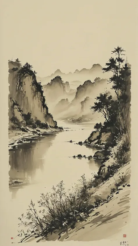 Traditional Chinese ink wash painting: A radiant day along the banks of the Si River, endless scenery refreshed in an instant. Focus on the river flowing with gentle waves, the nearby shore adorned with blooming flowers, a figure leisurely strolling along the riverbank, sun casting long shadows, monochrome palette, calligraphic brushwork, poetic atmosphere, 
a breathtaking and awe-inspiring landscape, an image that pushes the boundaries of imagination and creativity.
, exotic, transient, superb, cacophonic, complex, vibrant, (hyperrealistic:1.5), (intricate details:1.5) . high contrast, low light, vibrant, highly detailed
 <lora:my_sketching_style:1> sketch, lines