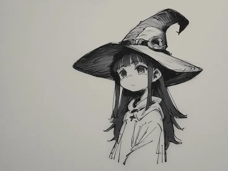 score_9, score_8_up, score_7_up, score_6_up, score_5_up, score_4_up, source_anime, a black and white drawing of a witch, witch hat, traditional media, monochrome, long hair, by aaaa /(quad-a/) <lora:my_sketching_style:2>