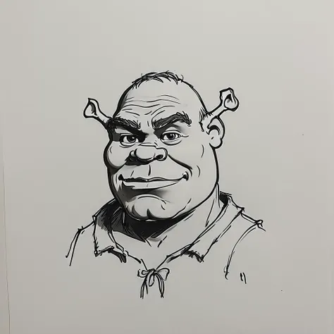black and white drawing of a portrait of shrek on a white paper <lora:my_sketching_style:1>