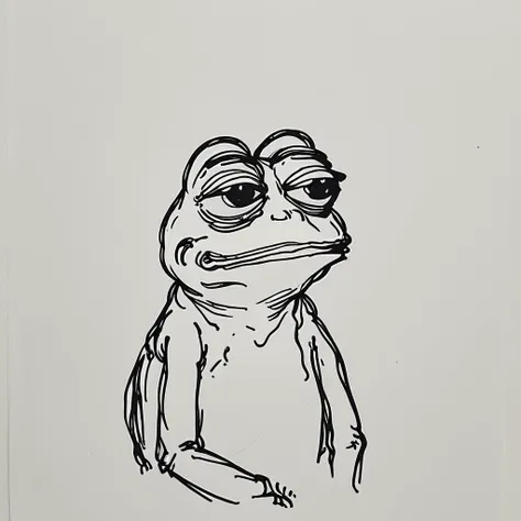black and white drawing of a portrait of pepe the frog on a white paper <lora:my_sketching_style:1.2>