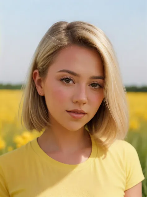 h@ll3p@yn3, <lora:h@ll3p@yn3-000005:1>>, ((closeup headshot)) of a beautiful woman,  perfect blonde hair, ((wearing  yellow shirt)), grass field, clear and bright summer day, soft shadows, cinematic, movie still,  vignette, highly detailed, film grain, realistic <lora:add_detail:0.7