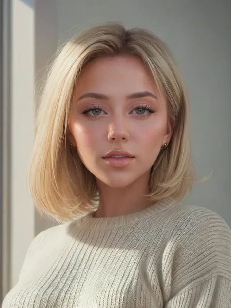 h@ll3p@yn3, <lora:h@ll3p@yn3-000005:1>, portrait of a beautiful woman,  perfect blonde hair, ((wearing  knitted sweater)), hard shadows, cinematic, moody, movie still,  vignette, highly detailed, film grain, realistic <lora:add_detail:0.7