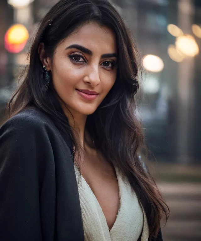 4k resolution, 8k, ((Highres photo of a gorgeous woman)), (professional photography), (dark background), (Head and shoulders photo), masterpiece, best quality, (eye contact), (looking at the viewer), centred, (shot from front), blurred_background, proportional, ((overcoat)), (detailed_eyes), detailed face, cinematic <lora:Simrat-10:0.9>