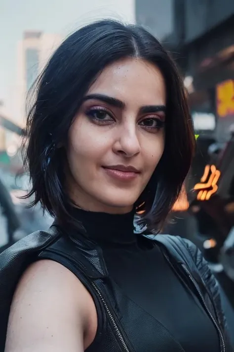 (photo of a gorgeous woman), (professional photography), (cyberpunk background), ((as a cyberpunk fighter)), (portrait), ((crew cut hair)), masterpiece, best quality, (eye contact), (looking at the viewer), centred, (shot from front), blurred_background, proportional, <lora:Simrat-10:0.9>