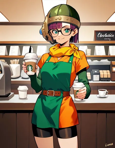 score_9, score_8_up, score_7_up, score_6_up, score_5_up, score_4_up
<lora:chrono-trigger-ponyxl-000027:1> lucca, glasses, scarf, helmet, belt, orange shirt, green sleeves, short over long sleeves, bike shorts
1girl, barista, cafe, closed mouth, coffee cup, cowboy shot, cup, disposable cup, green apron, holding, holding cup, holding marker, holding pen, indoors, legs together, looking at viewer, marker, menu board, pen, smile, solo, standing