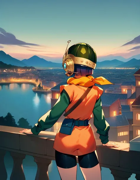 score_9, score_8_up, score_7_up, score_6_up, score_5_up, score_4_up
<lora:chrono-trigger-ponyxl-000027:1> lucca, glasses, scarf, helmet, belt, orange shirt, green sleeves, short over long sleeves, bike shorts
1girl, from behind, outdoors, night, stunning scenery of lake next to futuristic buildings, urban landscape