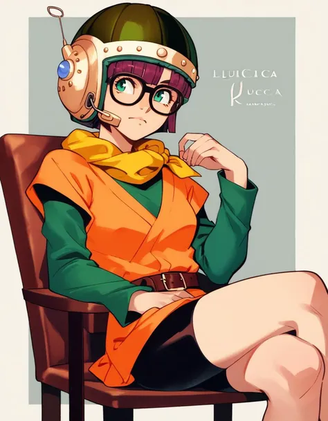 score_9, score_8_up, score_7_up, score_6_up, score_5_up, score_4_up
<lora:chrono-trigger-ponyxl-000027:1> lucca, glasses, scarf, helmet, belt, orange shirt, green sleeves, short over long sleeves, bike shorts
1girl, solo, medium shot, fashion photography, sitting on chair, in living room, balanced composition, elegant, contemporary, rich color palette