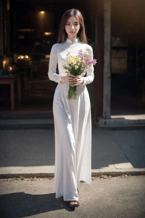 1girl, aodai, photo art, (flower:1.2),<lora:aodai_SD_chiasedamme_v02:0.7>, a stunning photo with beautiful saturation, ultra high res,(realistic:1.4)),deep shadow,(best quality, masterpiece), pale skin, dimly lit, shade, flustered, blush, highly detailed, skinny, BREAK depth of field, film grain, wrinkled skin, looking at viewer, knee, warm smile, (full body:1.2), masterpiece,ultra realistic,32k,extremely detailed CG unity 8k wallpaper, best quality