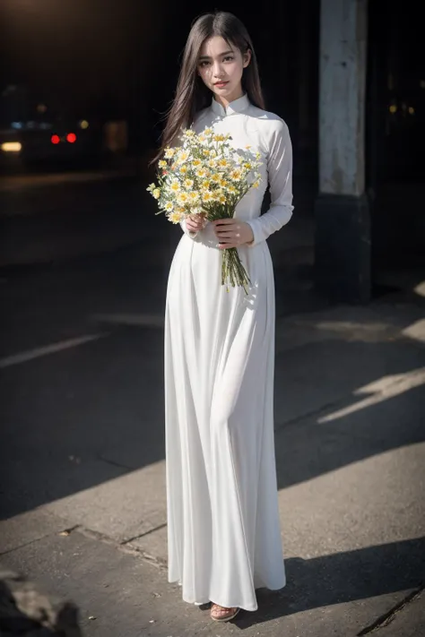 1girl, aodai, photo art, (flower:1.2),<lora:aodai_SD_chiasedamme_v02:0.7>, a stunning photo with beautiful saturation, ultra high res,(realistic:1.4)),deep shadow,(best quality, masterpiece), pale skin, dimly lit, shade, flustered, blush, highly detailed, skinny, BREAK depth of field, film grain, wrinkled skin, looking at viewer, knee, warm smile, (full body:1.2), masterpiece,ultra realistic,32k,extremely detailed CG unity 8k wallpaper, best quality