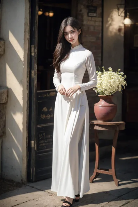 1girl, aodai yellow dress, photo art, (flower:1.2),<lora:aodai_SD_chiasedamme_v02:0.6>, a stunning photo with beautiful saturation, ultra high res,(realistic:1.4)),deep shadow,(best quality, masterpiece), pale skin, dimly lit, shade, flustered, blush, highly detailed, skinny, BREAK depth of field, film grain, wrinkled skin, looking at viewer, knee, warm smile, (full body:1.2), masterpiece,ultra realistic,32k,extremely detailed CG unity 8k wallpaper, best quality
