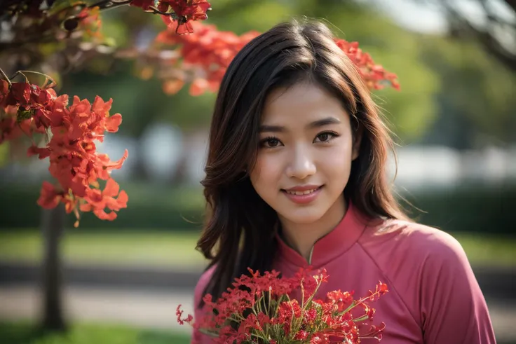 1girl, aodai, photo art, (Poinciana flowers:1.2), tree, <lora:aodai_SD_chiasedamme_v02:0.6>, a stunning photo with beautiful saturation, ultra high res,(realistic:1.4)),deep shadow,(best quality, masterpiece), pale skin, dimly lit, shade, flustered, blush, highly detailed, skinny, BREAK depth of field, film grain, wrinkled skin, looking at viewer, knee, warm smile, (upper body:1.2), bicycle
