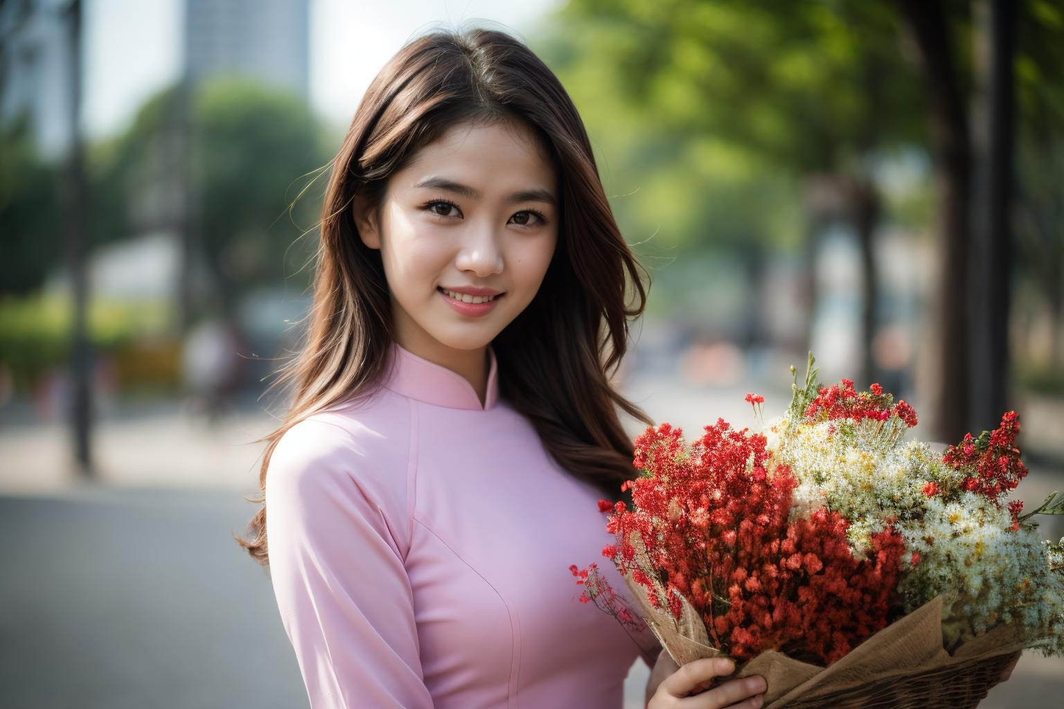 Araffe woman in a pink dress holding a bunch of flowers - SeaArt AI