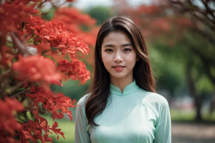 1girl, aodai, photo art, (Poinciana flowers:1.2), tree, <lora:aodai_SD_chiasedamme_v02:0.6>, a stunning photo with beautiful saturation, ultra high res,(realistic:1.4)),deep shadow,(best quality, masterpiece), pale skin, dimly lit, shade, flustered, blush, highly detailed, skinny, BREAK depth of field, film grain, wrinkled skin, looking at viewer, knee, warm smile, (upper body:1.2), bicycle