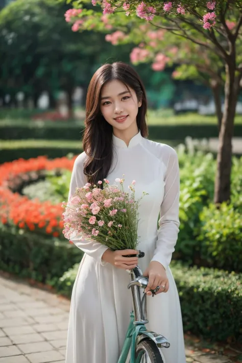 1girl, aodai, photo art, (flower:1.2),<lora:aodai_SD_chiasedamme_v02:0.7>, a stunning photo with beautiful saturation, ultra high res,(realistic:1.4)),deep shadow,(best quality, masterpiece), pale skin, dimly lit, shade, flustered, blush, highly detailed, skinny, BREAK depth of field, film grain, wrinkled skin, looking at viewer, knee, warm smile, (upper body:1.2), masterpiece,ultra realistic,32k,extremely detailed CG unity 8k wallpaper, best quality